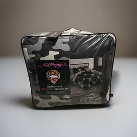Ehquecmm8 Ed Hardy Queen 8-piece Reversible Comforter Set Tiger Skull Camo Black Gray Rare