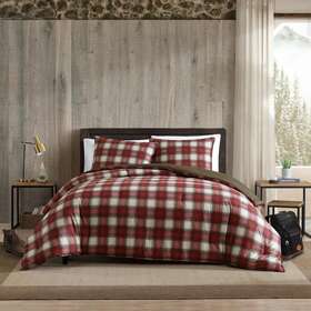 203936 Eddie Bauer Comforter Set 96 Inch X108 3-piece Red Plaid Cotton King Reversible Soft