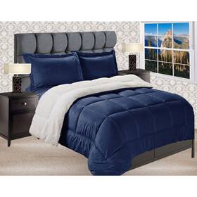 Elegant Comfort 784851537495 Reversible Sherpa Micro-suede 3-piece Navy King - Cal