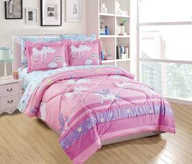 Elegant Homes 665752461822 Multicolor Purple Pink White Blue Unicorn Rainbow Castle Design Comforter Beddin