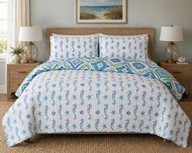 Elise & James Home 815025025705 Coastal Bedding King Set Quilt 2 Shams Nautical Beach Seahorse Shells Reversible