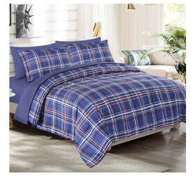 145787 Emme Plaid Comforter Set Pillow Sham Sheets Microfiber Full Queen Bedding Blue 7 Pc