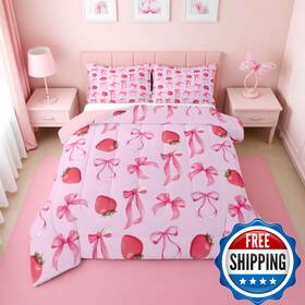 B0g49gmlrk Erosebridal Strawberry Bow Full Comforter Set For Girls Pink Sweet Strawbe