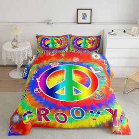 Ghs633wt-bz Erosebridal Usf Peace Sign Duvet Insert Full Adults 60s Flower Power Comforter Set Hippy Girl