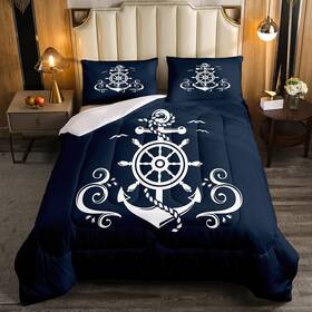 Hml12704bzwxx-queen Erosebridal Nautical Anchor Bedding Set Ocean Sailboat Navy Blue Down Comfort