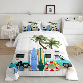 Hml13519bzwxx-full Erosebridal Ocean Beach Down Comforter Full Size Cartoon Surfboard Bus Beddi