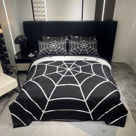 T801-cartoon Fairy Kaari Boys Black Spider Web Printed Comforter Set Bed In A Bag Twin Size 7pc