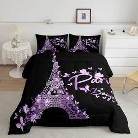Feelyou 726084690950 Paris Eiffel Tower Comforter Set Girly Lavender Purple Bedding For Kids Boys