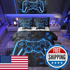 Feelyou B0d69w81l6 Kids Gamer Bed In A Bag Set Sheets Twin Size 7 Piece Blue And Black