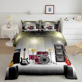 Sx18523bzwx-queen Feelyou Rock Music Theme Bedding Set Guitar Speaker Comforter For Kids Boys Girls