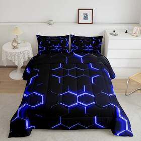 Sxs11811nxxfba-bz Feelyou Blue And Black Print Comforter Set Hexagonal Bedding Kids Boys Teens Hone