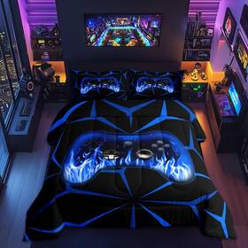 Zzrs13077ywy-bzab Feelyou Kids Gamer Comforter Set Twin Size - 3d Geometric Video Game Console Blue