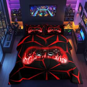 Zzrs13079ywy-bzab Feelyou Boys Gamer Comforter Set Twin Size - 3d Gaming Bedding Red Black All Seas