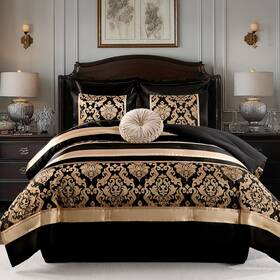 Cfrn010k Finlonte Black Gold Comforter Set King Size - Luxury Jacquard Floral 7-piece Silky Bed