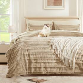 Hlus25bcs02bq8888 Flashing Fire 7 Pieces Queen Comforter Set Beige Fleece Striped Bed Soft And Warm B