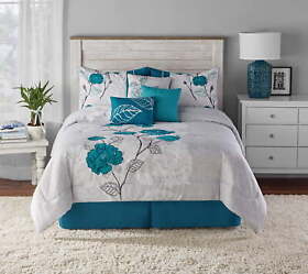 Floral Bedding Comforter Set Teal Rose 7-piece Shams Bedskirt Multiple Sizes