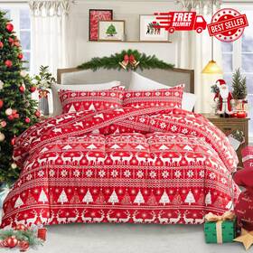 Flysheep 313047551511 Reversible Christmas Comforter Set 3-piece Queen Size Snowflake And Deer Design