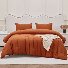 Frohaul 735626927003 Comforter Set With Pom Fringe Cotton Size Queen Terracotta