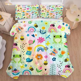 Lb01-15-twin Fuyeun Rainbow Comforter Sets Twin Size Cartoon Floral Frogs Bedding Set For Girls K