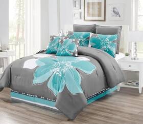 Grand Linen 039853711306 8 - Piece Aqua Blue Grey White Floral Comforter Set King Size Bedding A