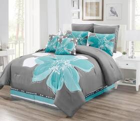 Grand Linen 039853711313 8 - Piece Aqua Blue Grey White Floral Comforter Set California Cal King S