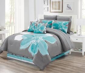 Grand Linen 039853711405 12 - Piece Aqua Blue Grey White Floral Bed-in-a-bag King Size Bedding She