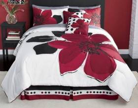 Grand Linen 846918008161 12 - Piece Burgundy Red Black White Floral Bed-in-a-bag California Cal King S