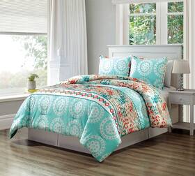 Grandlinen 730699523893 3 Piece Turquoise Blue/orange/white Scroll Embroidery Pleated Bed In A Bag