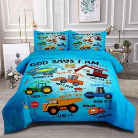 Fba-comforte-c-082-twin Grat Tioc Boys Construction Vehicles Truck Comforter Set Twin Christian Kids