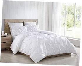 Green Living Group 840079134981 Natalia 3-piece Pom Pinch Pleat Down Alternative Queen White