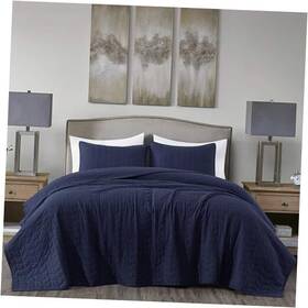 Green Living Group 840079142849 Madrid 3-piece Vintage Washed Solid Cotton Quilt And King Herringbone Navy