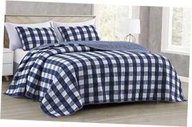 Green Living Group 840079148858 3-piece Blue White Plaid Cotton Quilt Set - Buffalo Check King Blue/white