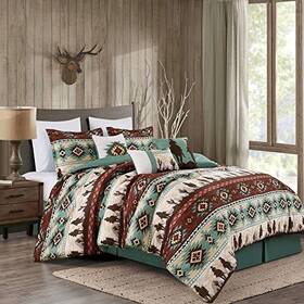 Green Living Group 840079149855 Dune 7-piece Southwestern Cowboys Aztec Comforter Set Queen Teal Multi