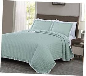 Green Living Group 840079153760 Bonnie 3-piece 100% Cotton Quilt Set Queen Size Aqua - Double Frayed Ruffled