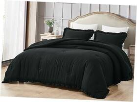 Green Living Group 840079156990 Nora Black Comforter Set Size 3-piece Oversized King Ruffled Edge