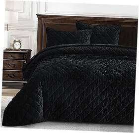 Green Living Group 840079162250 Lux Black Velvet Quilt King Set 3-piece Lush Plush Distressed Bedding