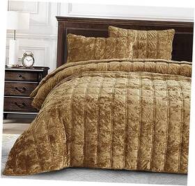 Green Living Group 840079162373 Piers Caramel Gold Velvet Quilt Set 3 King Double Box Stitch