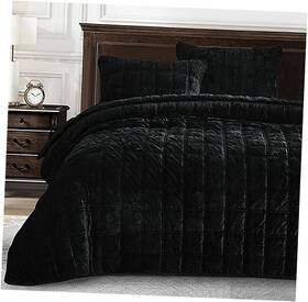 Green Living Group 840079162403 Piers Black Velvet Quilt Queen Set 3-piece Lush Plush Distressed