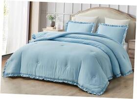 Green Living Group 840079163134 Nora Chambray Blue Comforter Set Size 3 Queen Ruffled Edge