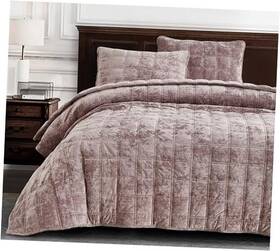 Green Living Group 840079165497 Piers Dusty Pink Velvet Quilt Set 3-piece Queen Double Box Stitch