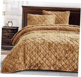 Green Living Group 840079165527 Lux Velvet Quilt Set 3-piece Plush Distressed Oversized King Caramel Gold