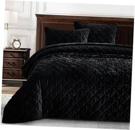 Green Living Group 840079165534 Lux Velvet Quilt Set 3-piece Plush Distressed Oversized King Black