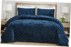 Green Living Group 840079171740 Lux Velvet Quilt Set 3-piece Plush Distressed Bedding Queen Navy Blue