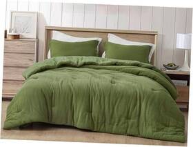 Green Living Group 840079172150 Breeze 3-piece 100% Cotton Muslin Comforter Set Soft Washed Queen Olive