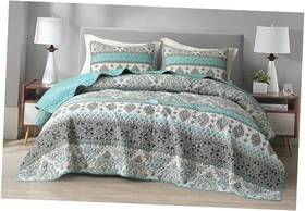 Green Living Group 840079180957 Herald 3-piece Printed Quilt Set Oversized King Aqua Blue Boho Damask Stripe