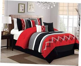 Arden-com-red-queen1 Green Living Group Arden 7-piece Modern Pleated Stripe Embroidered Queen Red/black/gray/off-white