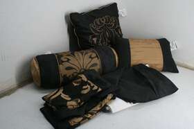 Green Living Group Inc. 773822347058 Chezmoi Collection Royale Jacquard Floral Bed Skirt Set Queen Black Gold