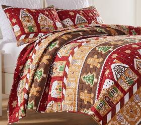 Greenland 636047448514 Gingerbread Christmas 3p Queen Quilt Set Candy Cane Trees Snow Holiday