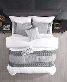 83463 Hallmart Collectibles Tilan 9-pc. Embroidered Geo Full Comforter Set White Gray