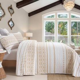 Bz06 Haowenuan Quilts Size 100% Cotton Boho Quilt Set Bohemian Quilted Queen Taupe White